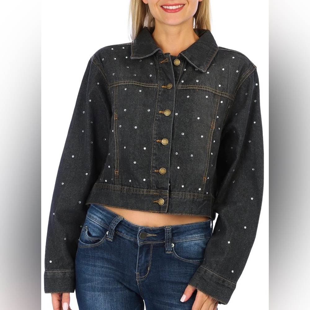 Bebe Rhinestone Cropped Long Sleeve Denim Jacket NWT Juniors Extra Large